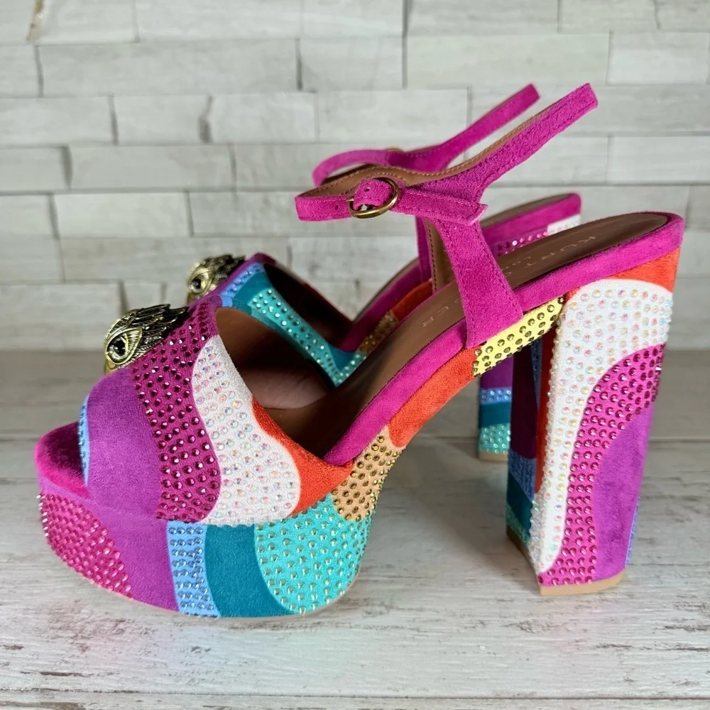 Kurt Geiger London Kensington Glitz Rainbow Rhinestone Platform Sandals SZ 40.5
